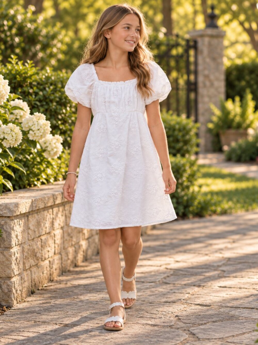 GB Girls White Embroidered Cotton Puff Sleeve Dress | Size 12